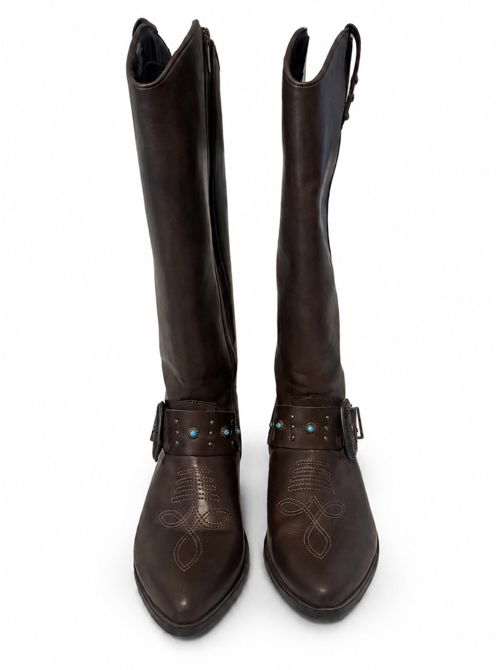 torrid Dark Brown Tall Heeled Riding Boots with Turquoise Studs